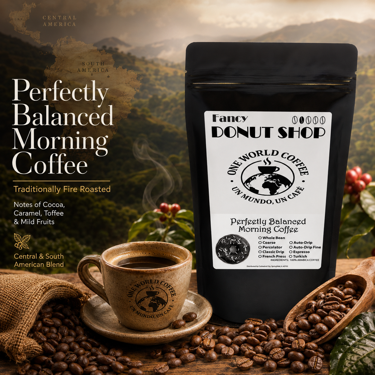 Fancy Donut Shop Coffee Central and South American blend story image with morning coffee, beans, and premium origin-inspired visuals