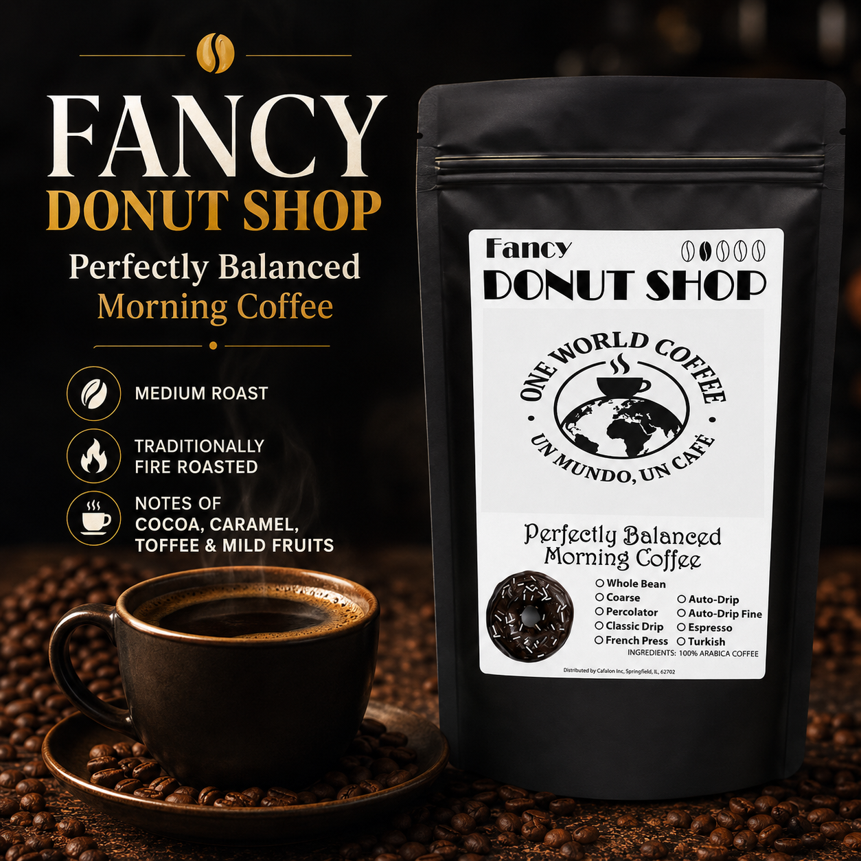 Fancy Donut Shop Coffee morning blend with hot coffee cup and roasted coffee beans in a warm café scene