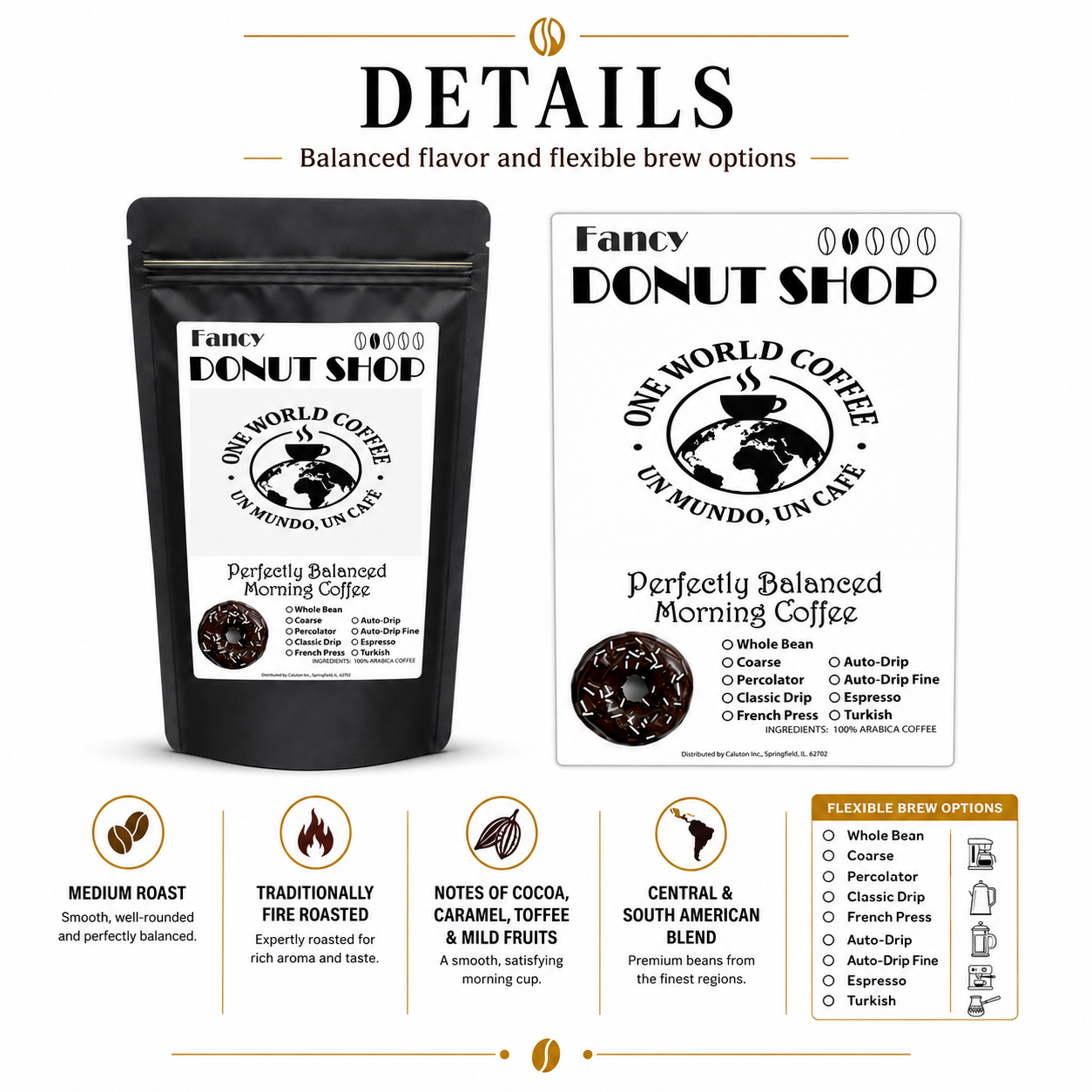 Fancy Donut Shop Coffee label details showing medium roast, fire roasted blend, cocoa caramel toffee notes, and brew options