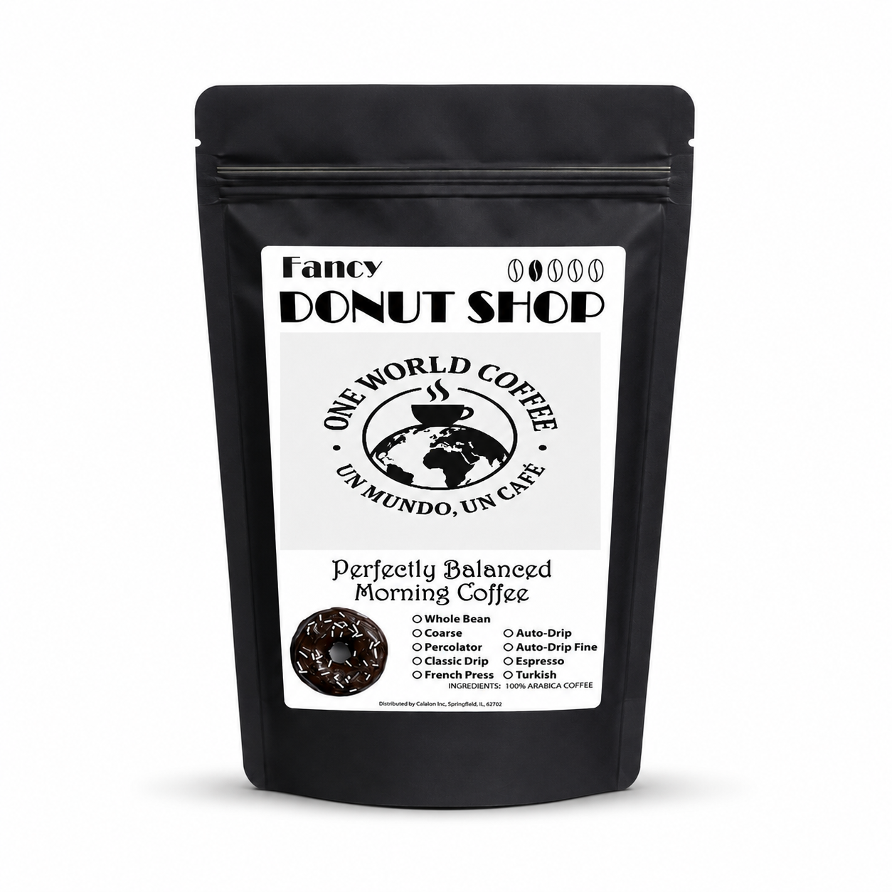 Fancy Donut Shop Coffee medium roast black stand-up pouch on white background