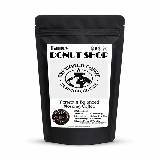 Fancy Donut Shop Coffee medium roast black stand-up pouch on white background