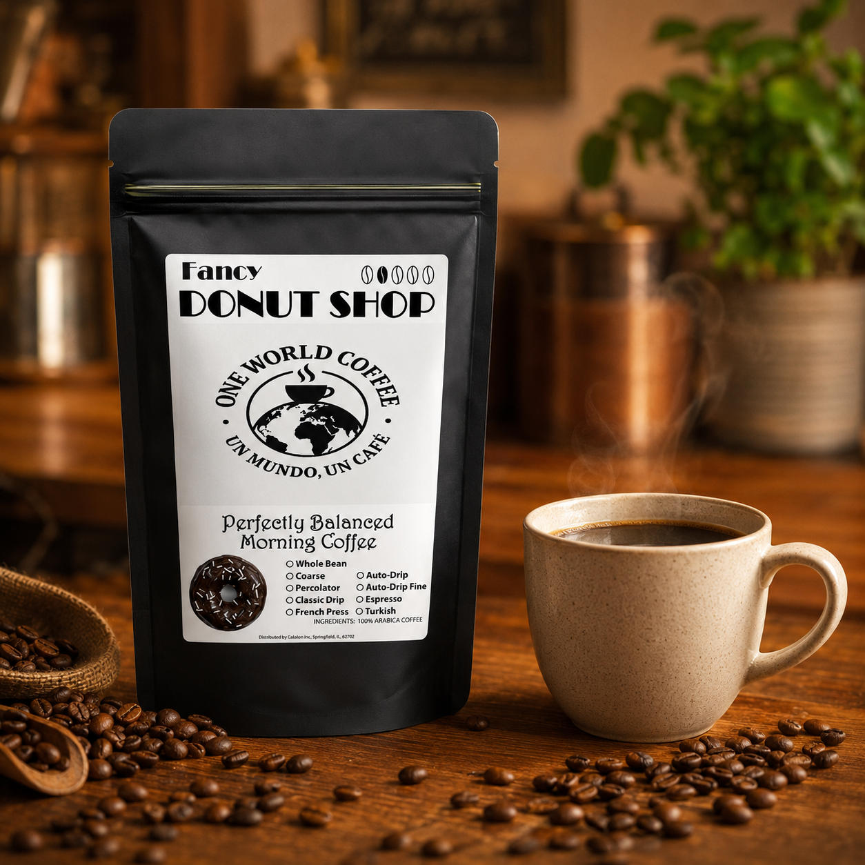 Fancy Donut Shop Coffee medium roast black stand-up pouch on white background