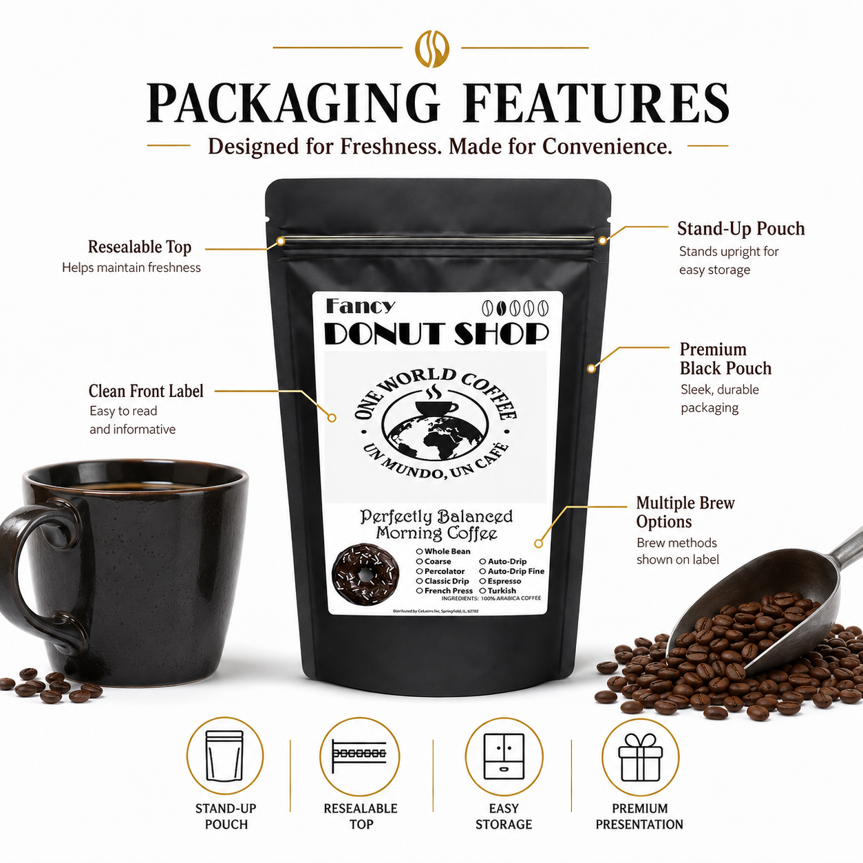 Fancy Donut Shop Coffee packaging features infographic showing resealable top, stand-up pouch, premium black pouch, and clean front label