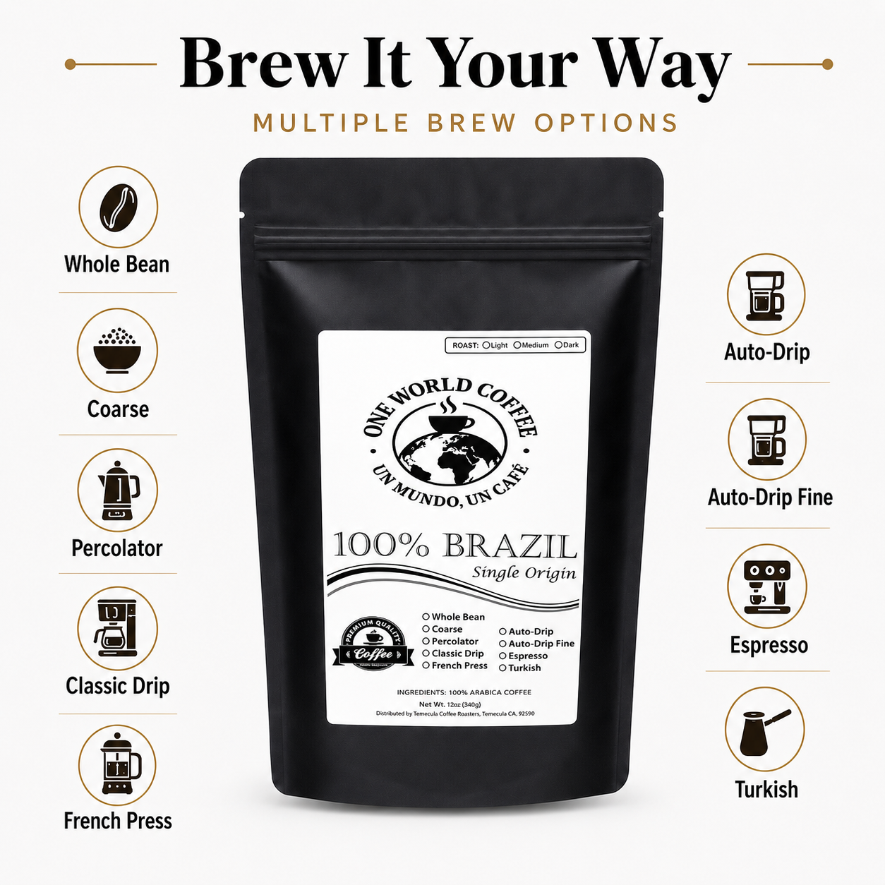 100% Brazil Coffee – Medium & Dark Roast Nutty Chocolate Flavor - One World Coffee, Un Mundo Un Cafe