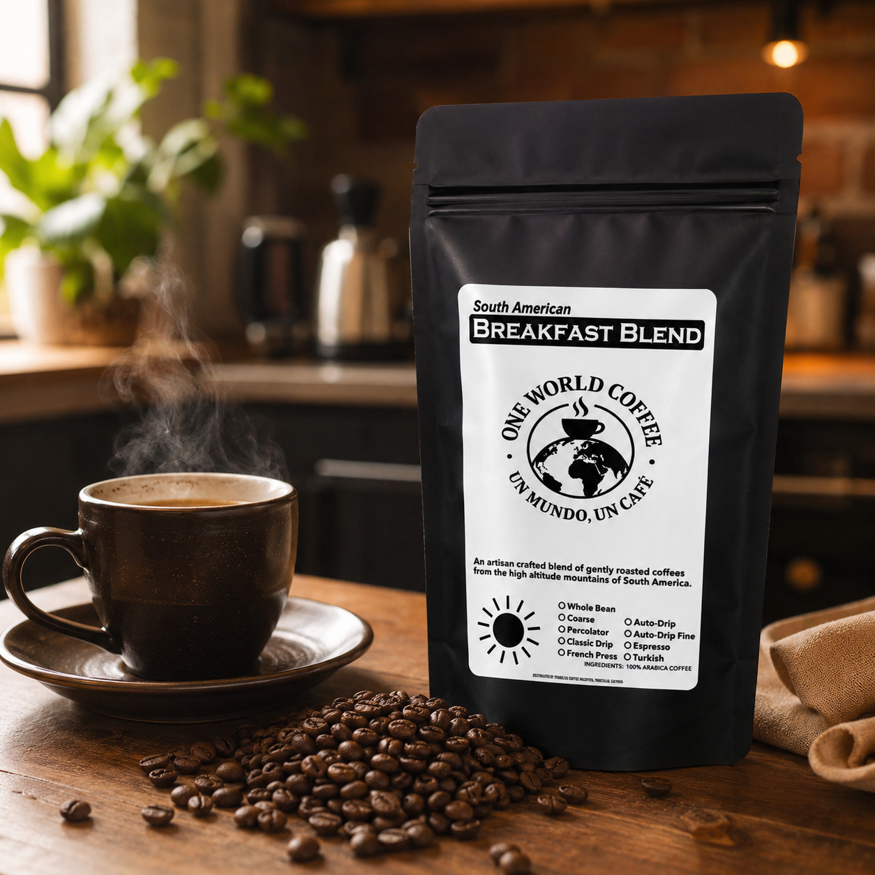 Premium black resealable coffee pouch with front label