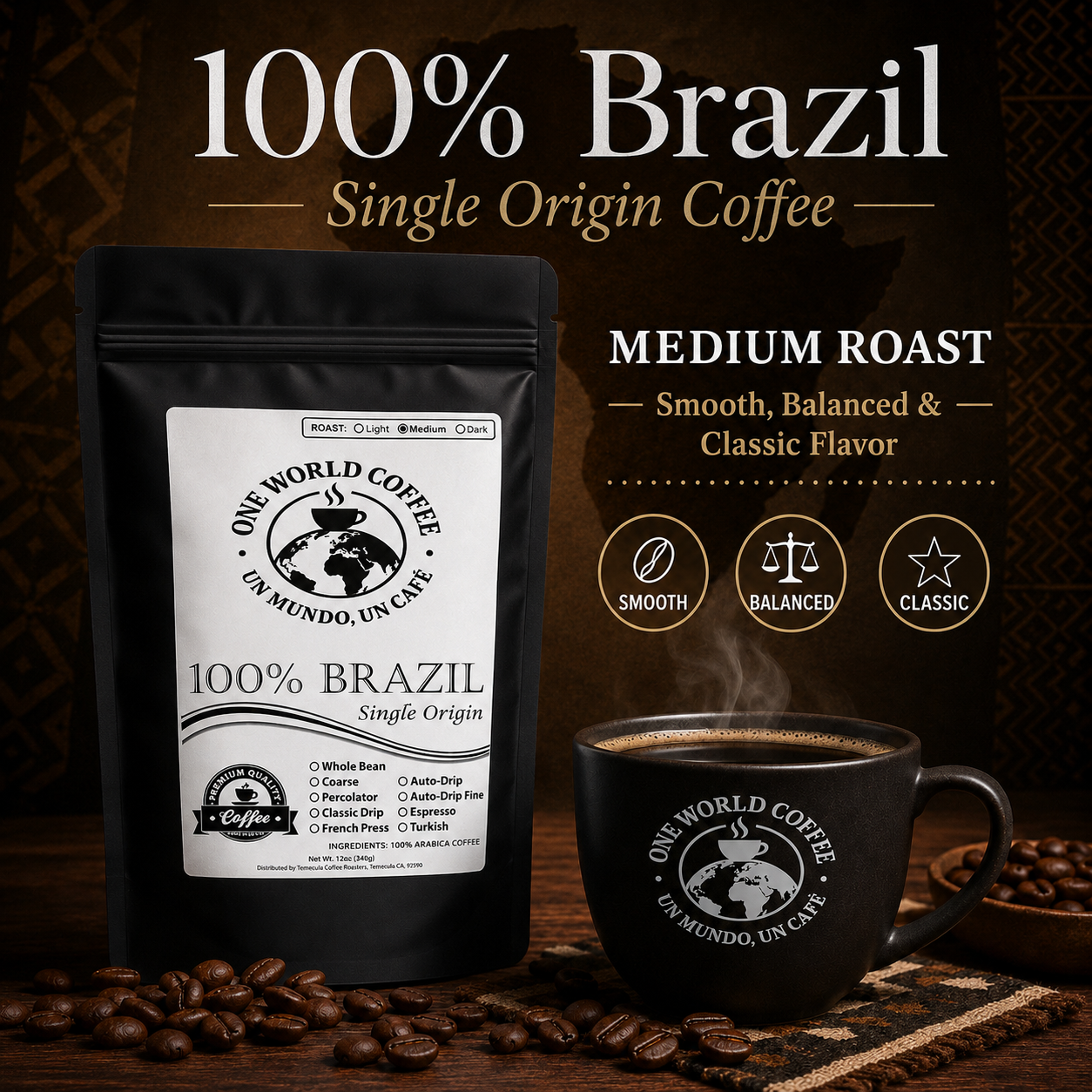 100% Brazil Coffee – Medium & Dark Roast Nutty Chocolate Flavor - One World Coffee, Un Mundo Un Cafe