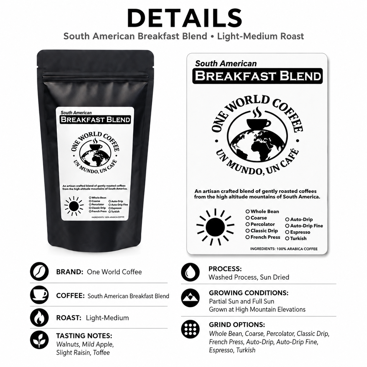 South American coffee blend packaging details and brew options