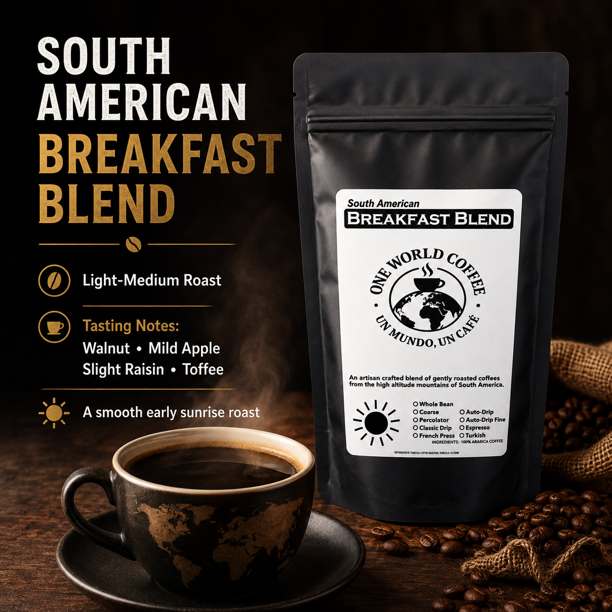 Breakfast blend coffee for French press drip espresso and Turkish brew options