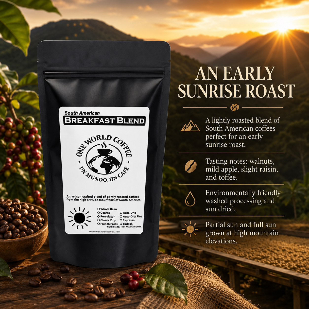 South American light medium roast coffee origin story sunrise roast