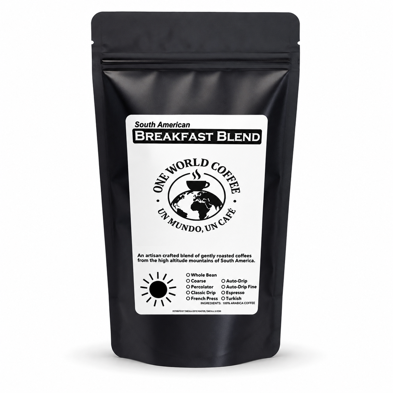 South American Breakfast Blend coffee light medium roast black pouch