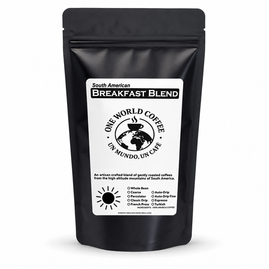 South American Breakfast Blend coffee light medium roast black pouch